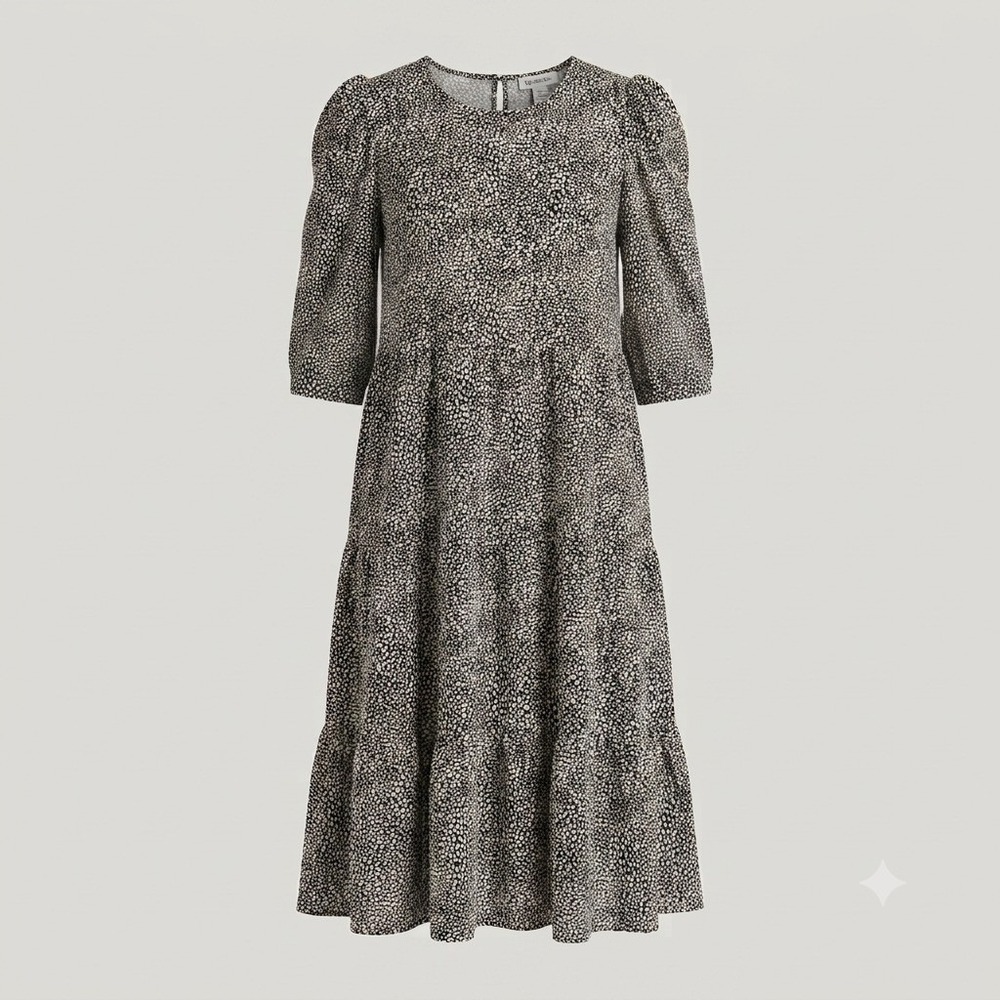 Ophelia Roe Womens Black White Pebble Print Tiered Midi Dress Puff Sleeve Size M